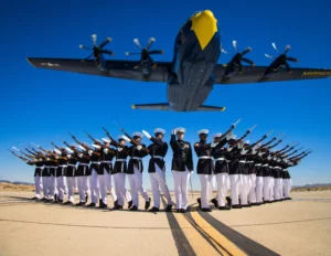 Soldiers in formation with plane overhead.