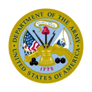 U.S. Army emblem with flags and weapons.